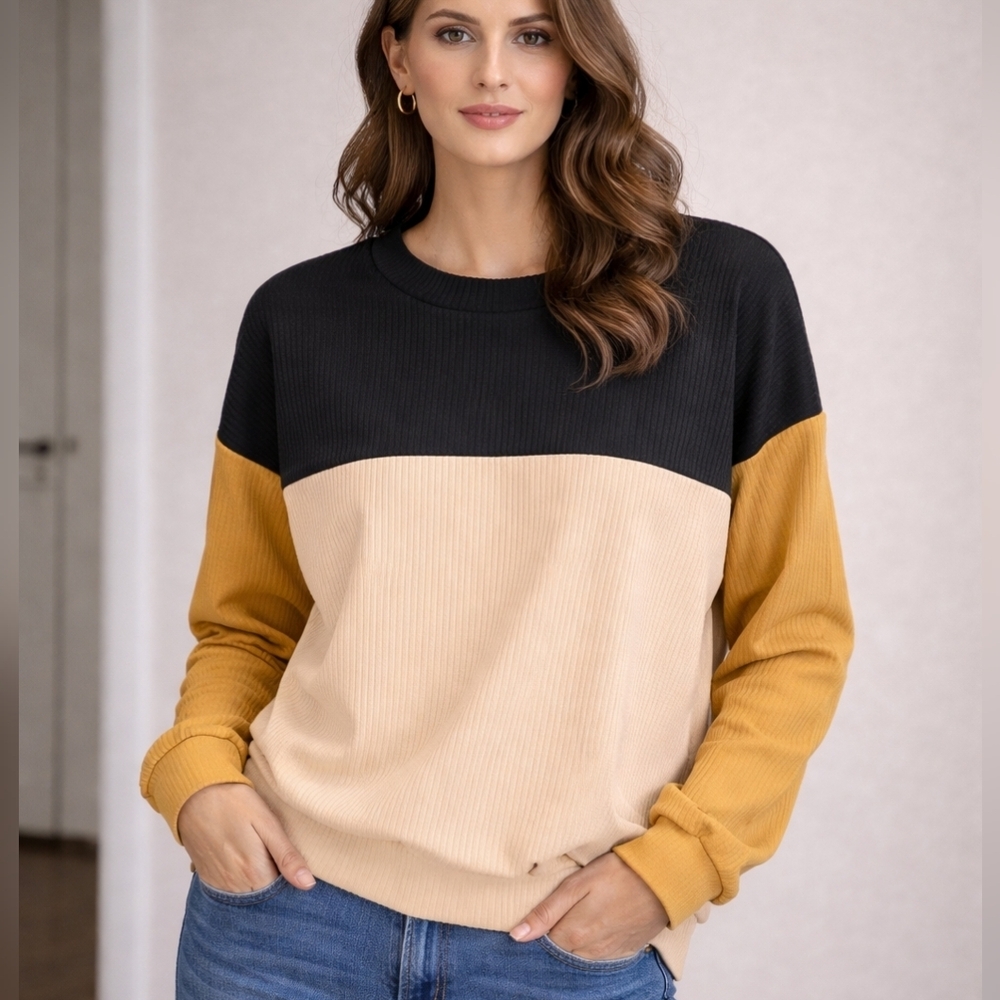NWT Color Block Ribbed Pullover Size M Black Tan Mustard Long Sleeve #C20